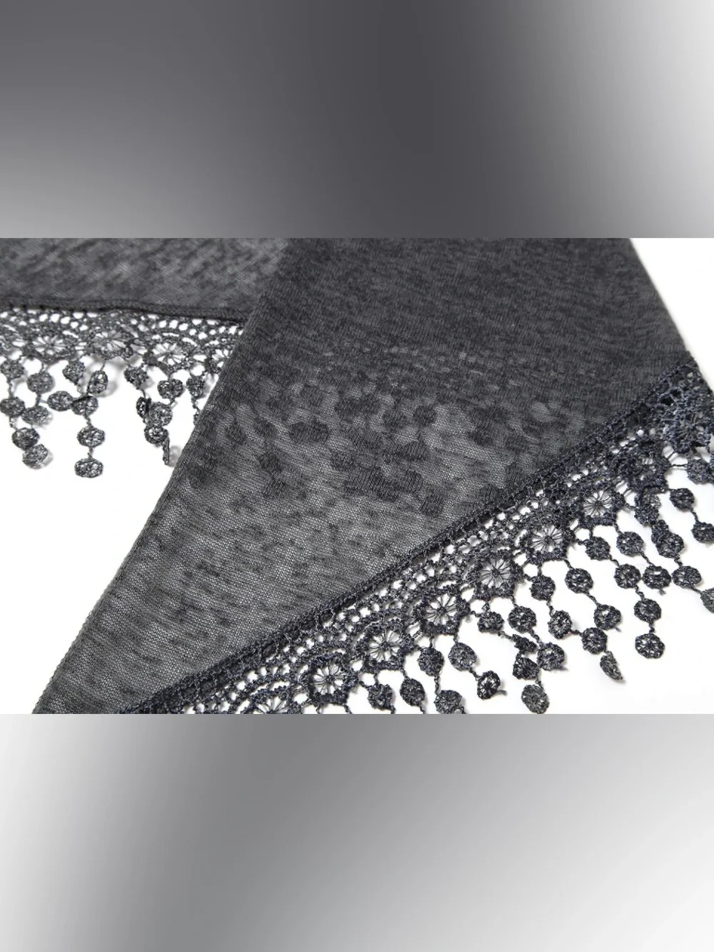 Stormcloud Grey Knit Triangle Scarf with Flower Lace Fringe - Picture 6 of 7